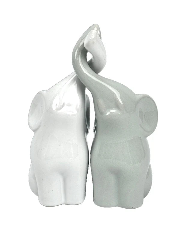 Set 2 elefanti Villa Altachiara h15cm  con proboscidi incrociate bianco grigio Lucido
