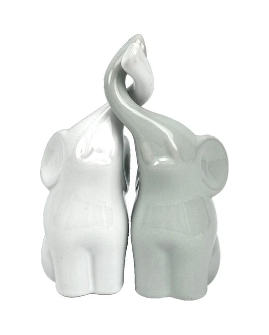 Set 2 elefanti Villa Altachiara h15cm  con proboscidi incrociate bianco grigio Lucido