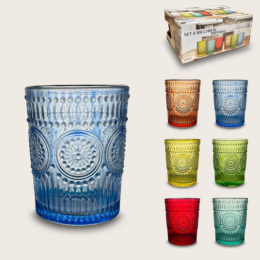 6 Bicchieri Tumbler decoro rilievo Vetro colorati