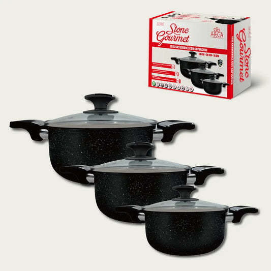 Set 3 casseruole con Coperchio  Arca Rivestimento Stone triplo adatte per Induzione