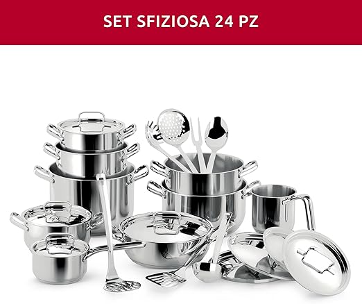 Lagostina Sfiziosa Set di Pentole Induzione, Gas e Forno in Acciaio Inox 18/10, 24 Pezzi, Fondo Lagoseal Plus, con 5 Casseruole, 3 Pentole, Bollilatte, 8 Coperchi, 7 Utensili Cucina