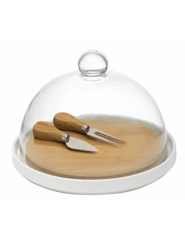 Tagliere in Porcellana e Bambù con Cupola in Vetro e 2 Coltellini da Formaggio – Brandani