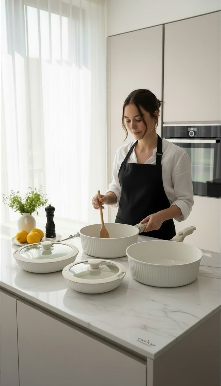 Smart set 8 pezzi BRANDANI Padelle coperchi e Manici ALLUMINIO/VETRO TEMPRATO/SILICONE